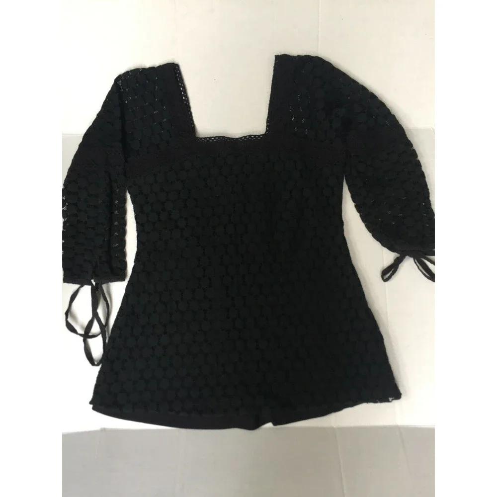 Solitaire Black Circle Eyelet Square Neck Blouse Tie Sleeve Size Small Bohemian